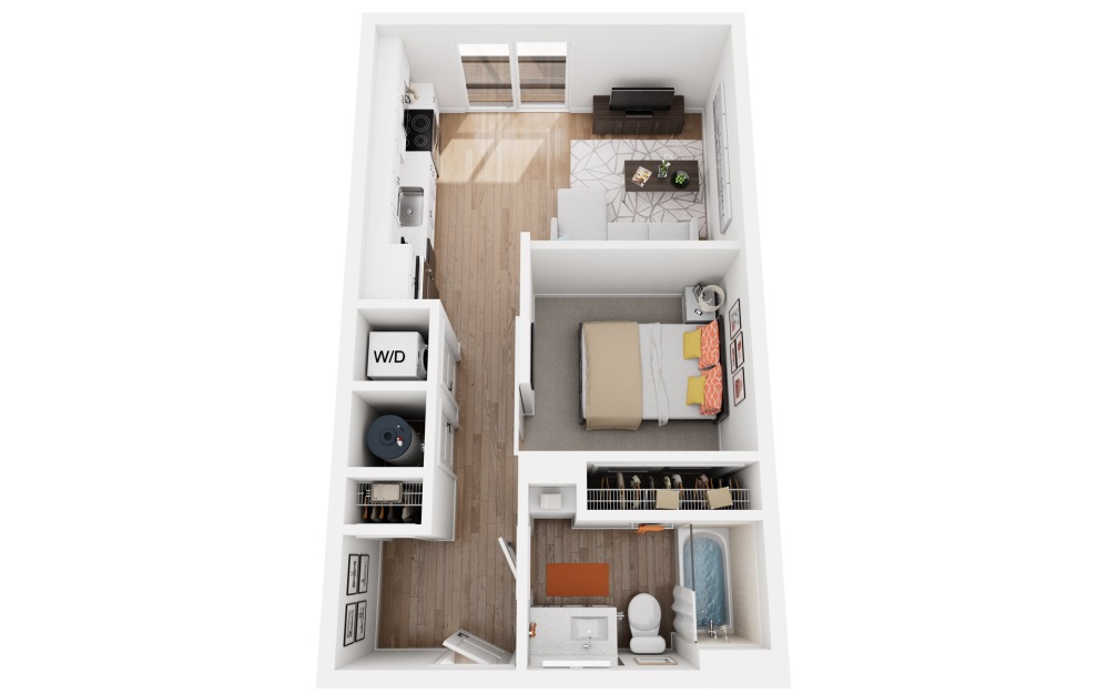 Brock - Studio floorplan layout with 1 bathroom and 543 - 621 square feet (3D)