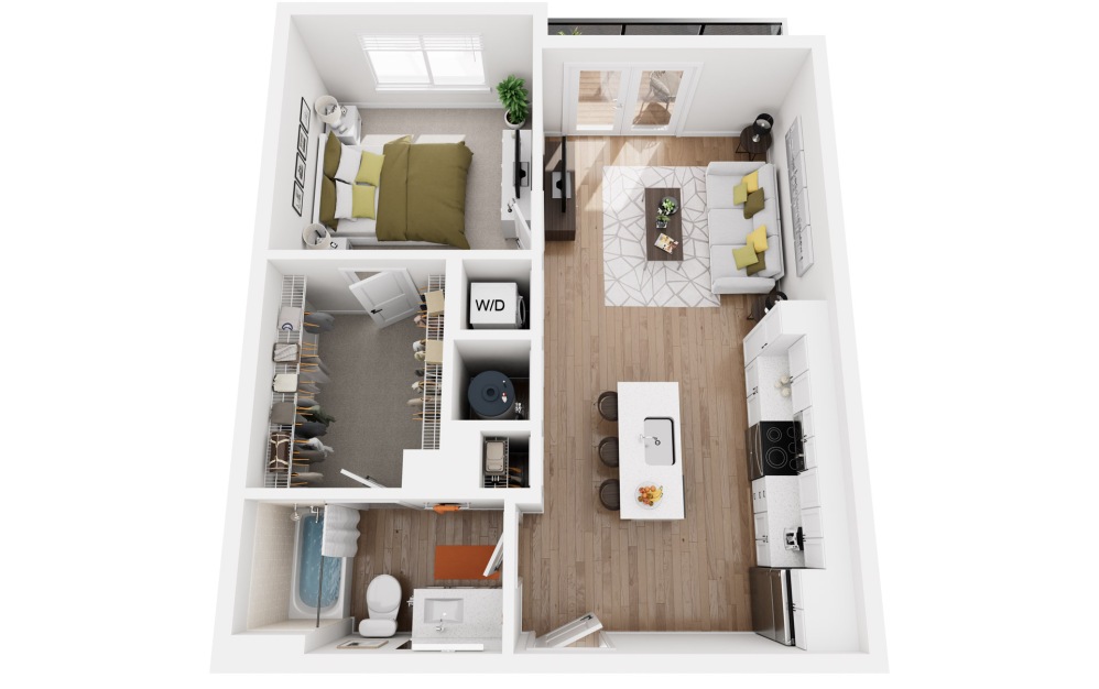 Corrigan - 1 bedroom floorplan layout with 1 bathroom and 672 square feet (3D)