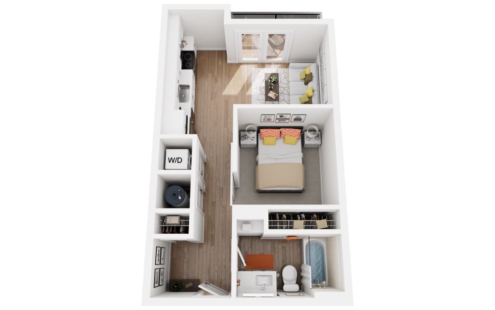 Hiller - Studio floorplan layout with 1 bathroom and 530 square feet (3D)