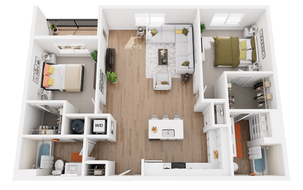 Manion - 2 bedroom floorplan layout with 2 bathrooms and 1197 square feet (3D)