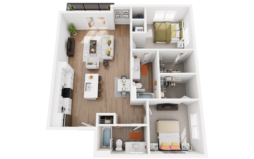 Pendergast - 2 bedroom floorplan layout with 2 bathrooms and 1107 square feet (3D)