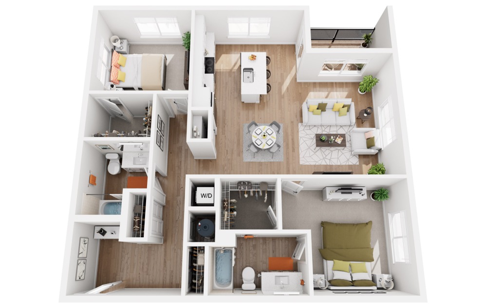 Roselawn - 2 bedroom floorplan layout with 2 bathrooms and 1196 - 1255 square feet (3D)