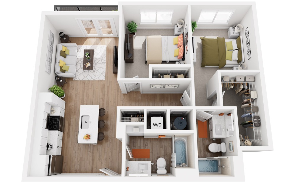 Shannon - 2 bedroom floorplan layout with 2 bathrooms and 958 square feet (3D)