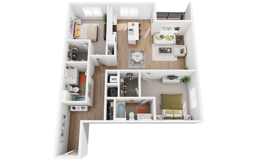 Van Horn - 2 bedroom floorplan layout with 2 bathrooms and 1245 square feet (3D)