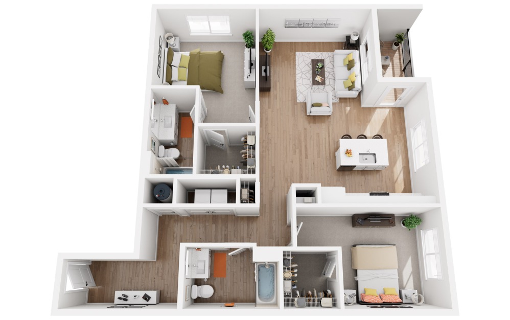 Volker - 2 bedroom floorplan layout with 2 bathrooms and 1304 square feet (3D)