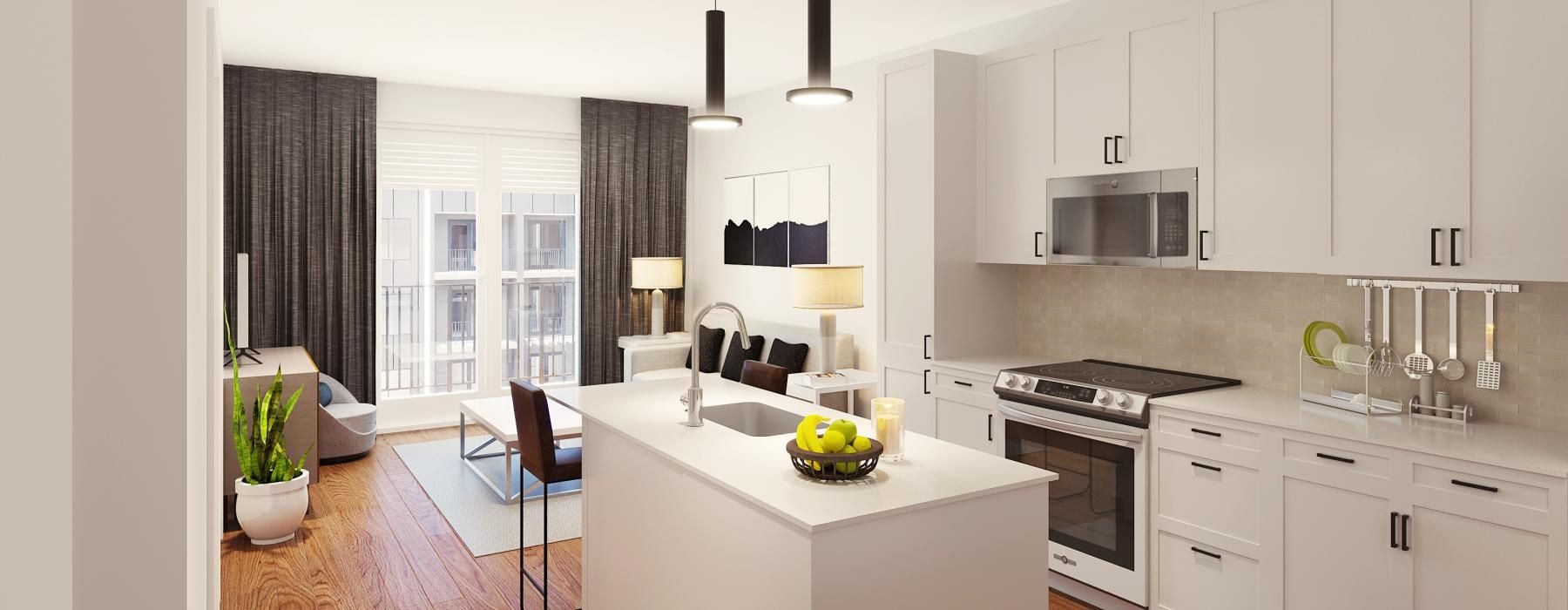 a kitchen with white cabinets